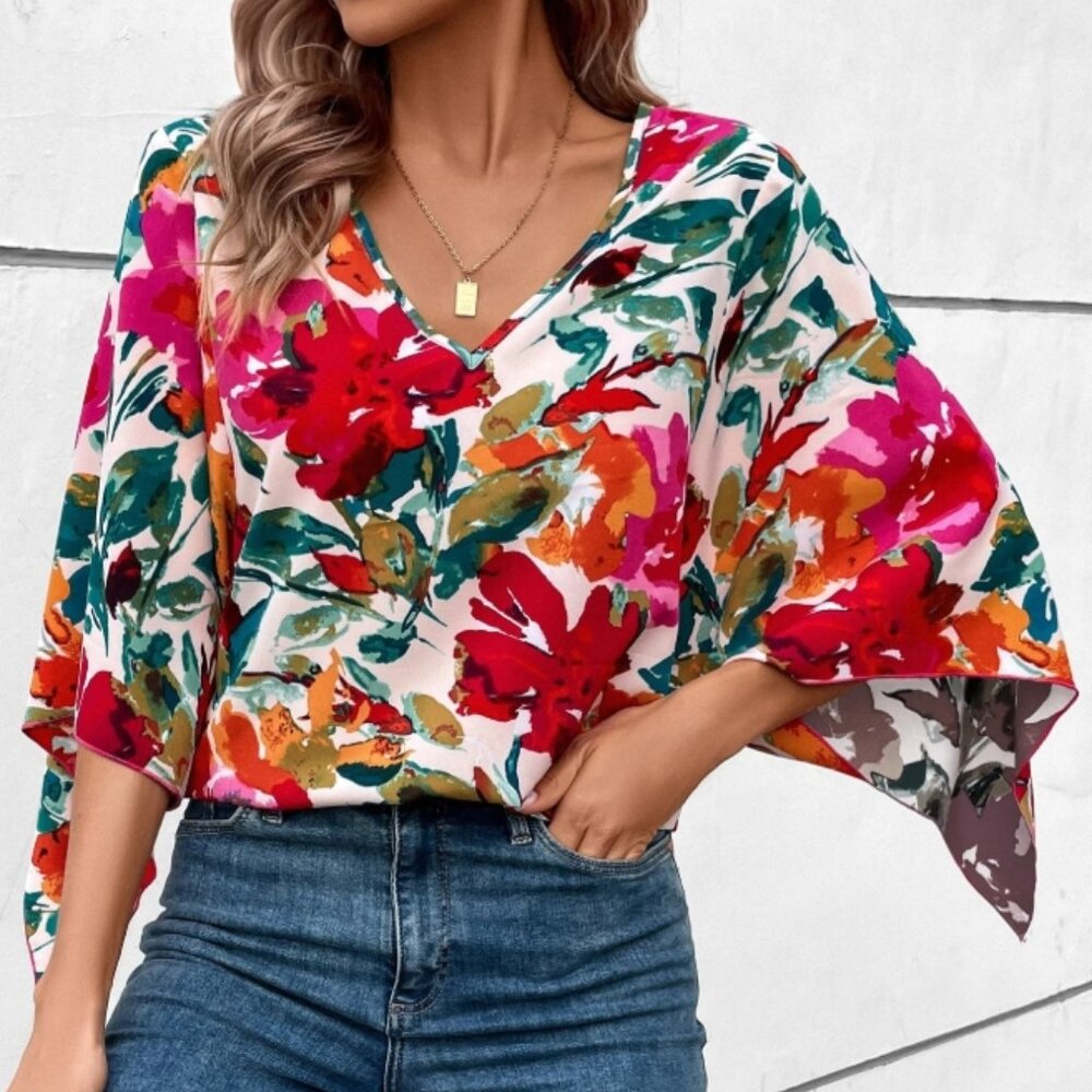 💜 Floral V-Neck Blouse – Multicolor Floral Print – Women’s Casual Top